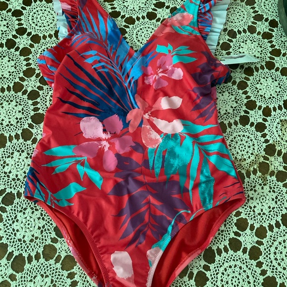 Jessica Simpson Red and Pink One Piece Swimsuit V-Neck Tie-Dye - Picture 1 of 9